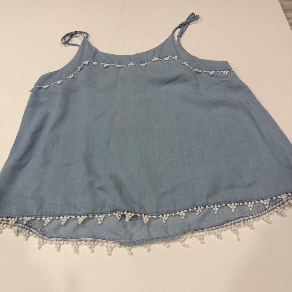 Statement Light Wash Lyocell Chambray Pom Pom Trim Cami Tank Top Womens L